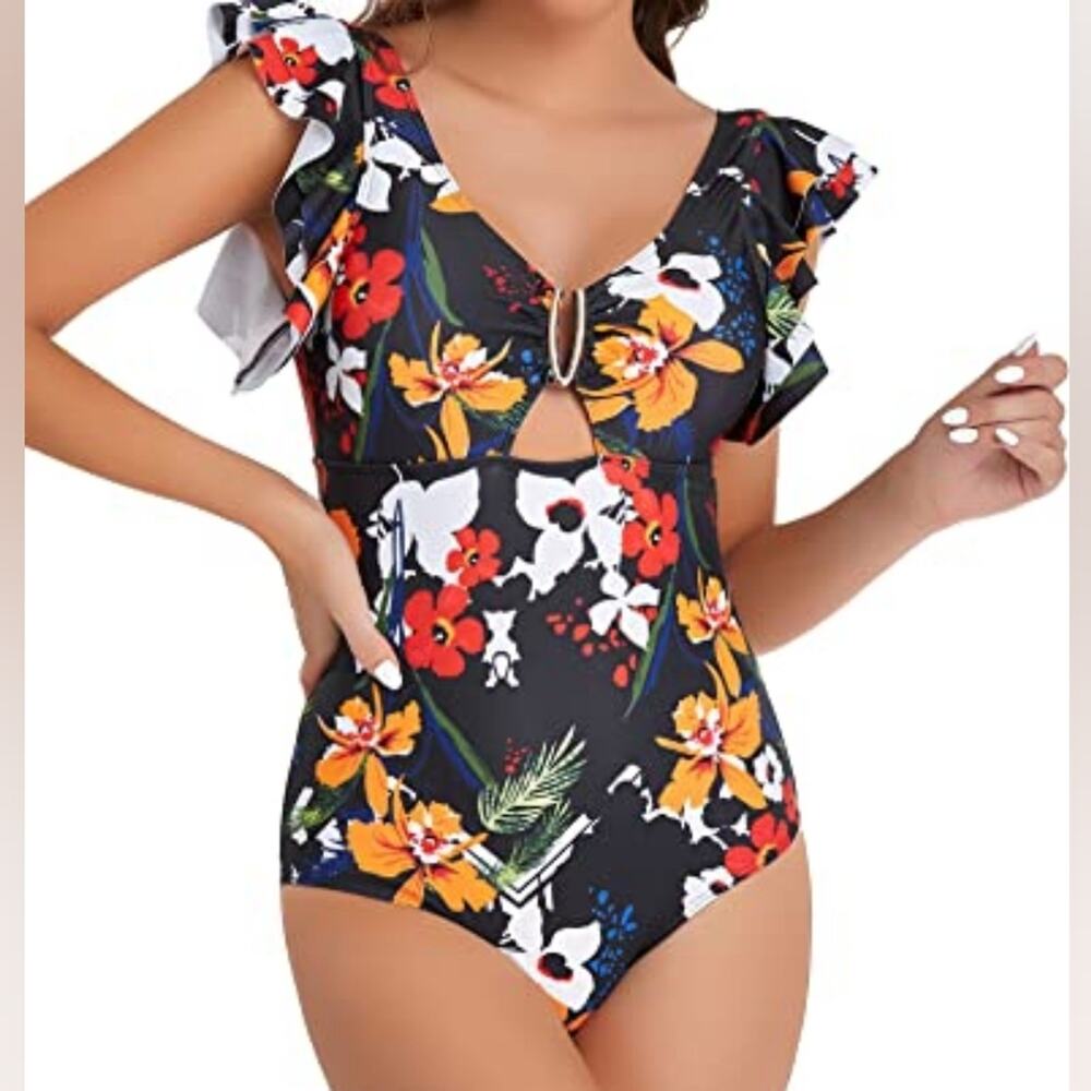 Edel‎ Qual New One Piece Ruffle Swimsuit Tummy Control Monokini 202 Tropical L